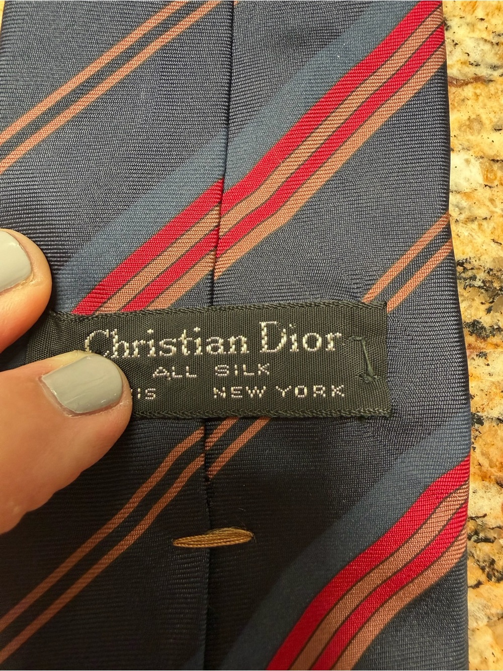 Dior Navy Silk Tie with Red and Tan Stripes